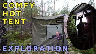 Hot tent with window - Explore old hunting tower in the dark night