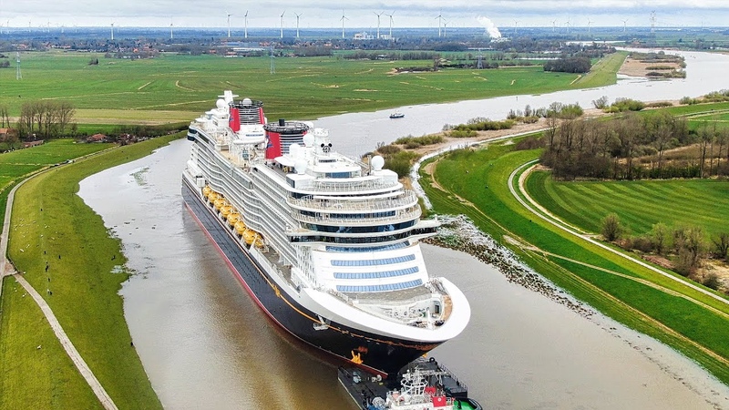 Ship Launch in 8 K HDR: Float Out and transfer on a narrow river, Cruise Ship Disney