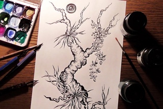 Рисуем Пером. Тропическое Дерево. Акварель+тушь. /  Pen Drawing. Tropical Tree. Watercolor+Ink.