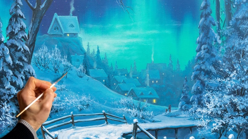 Oil Landscape Painting Winter Ambience, Easy Art, Drawing Lessons, Satisfying Relaxing,