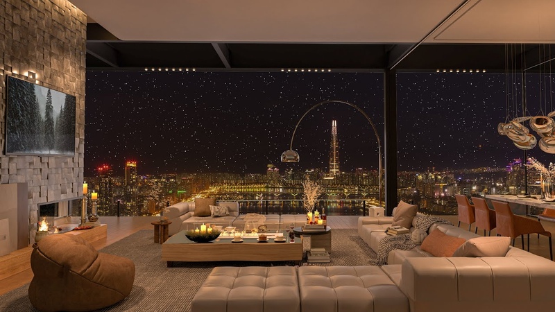 Luxury Livingroom Jazz Elevating Your Winter Evenings with Fireside Serenity City Lights