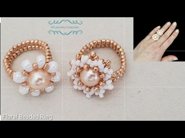 How to make a Floral Beaded Ring. Beads jewelry making. Pearl beaded ring. Beading