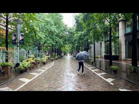 Walking in Midsummer Rainy Otemachi, Tokyo with 3 D binaural ambient sounds, 4 K