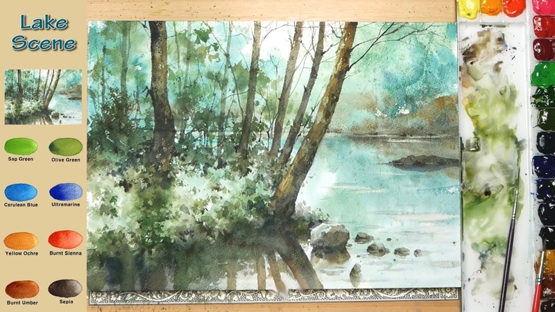 Without Sketch Landscape Watercolor Lake Scene (color mixing, Arches rough) NAMIL