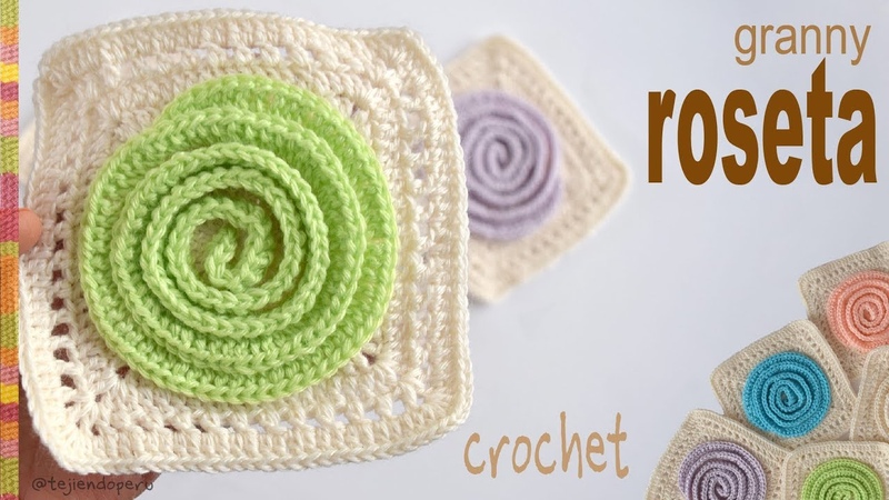 Cuadrado o granny con roseta 3 D tejido a crochet Tejiendo