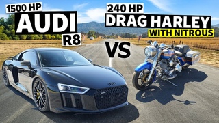 1,500hp Audi R8 Races a 240hp Harley Drag Bike With Nitrous! // This vs. That