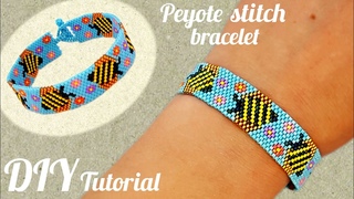 Bees bracelet/ZumZum in daisy flower/Summer jewelry/Even count peyote stitch bracelet/Diy Tutorial