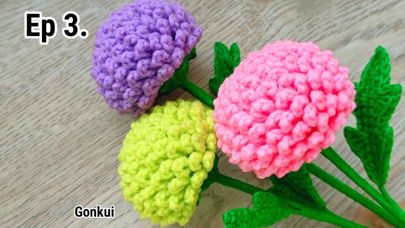 Ep3. Leaves, Easy Crochet Ping Pong Chrysanthemum flower, Crochet Flower Bouquet,