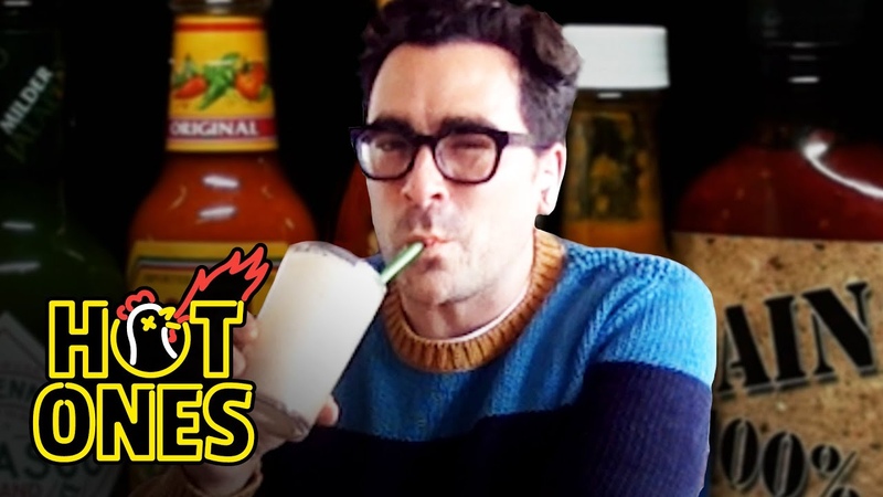 Dan Levy Gets Panicky While Eating Spicy Wings, Hot